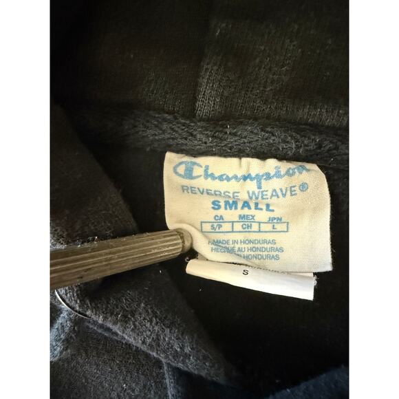 Vtg Champion Reverse Weave Black Hoodie SZ S Spell Out Faded Sweater Destroyed - Picture 8 of 11
